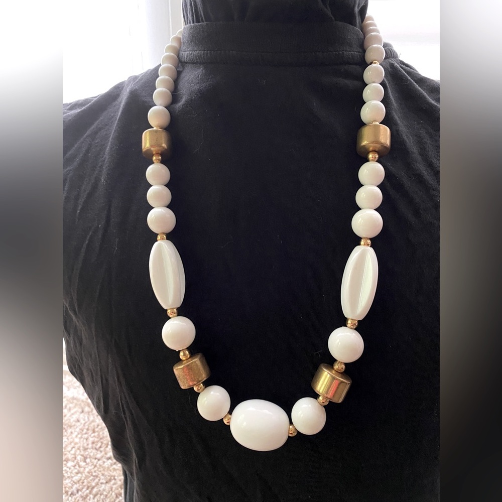 Statement Necklace White Beads Gold Tone Spacers